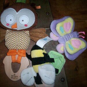 Bright Starts Baby Wrist Rattle & Wood Teether Plush Butterfly Owl Bee LOT